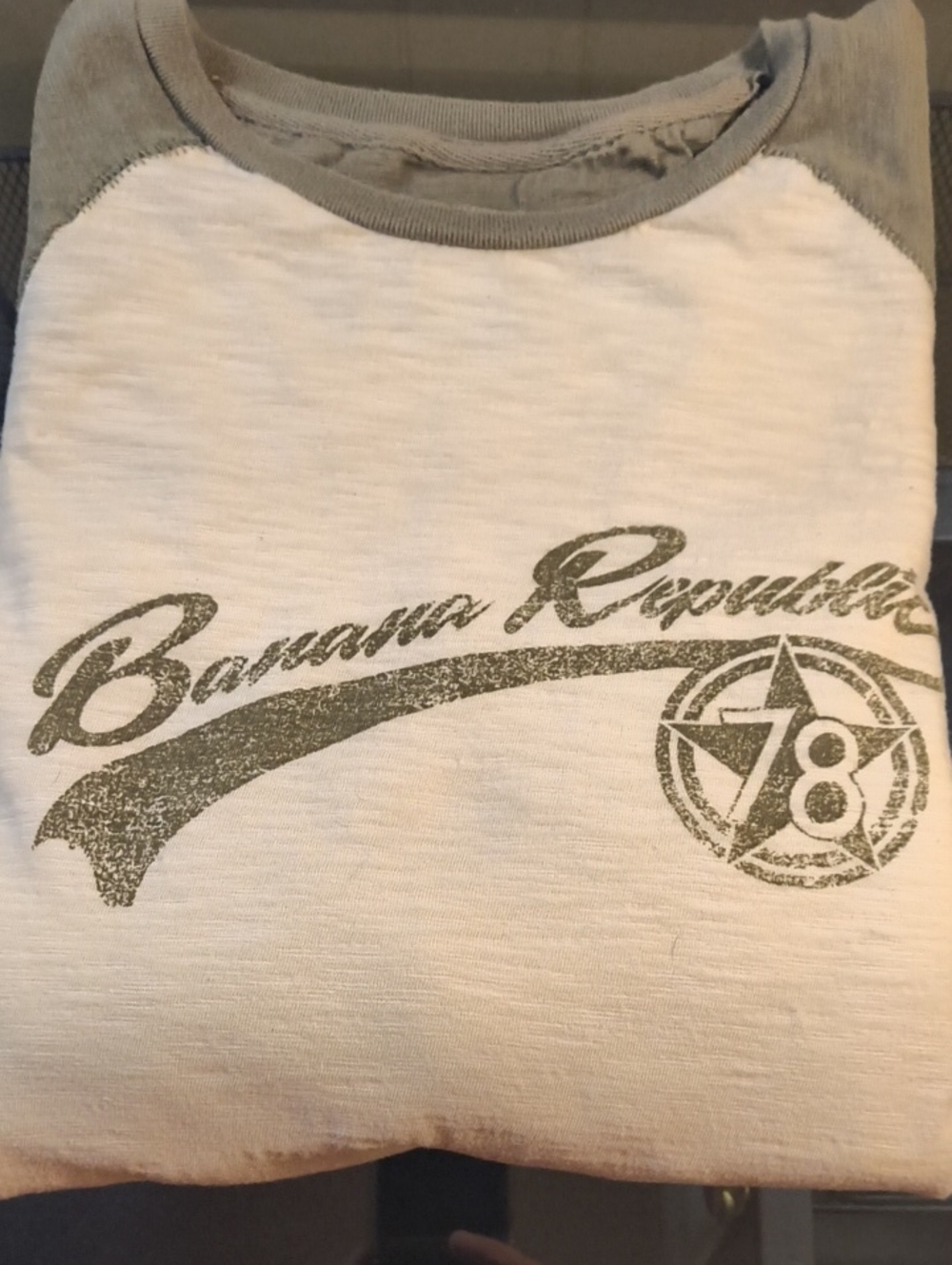 Banana Republic White Tee with Olive Graphic Raglan Accent
